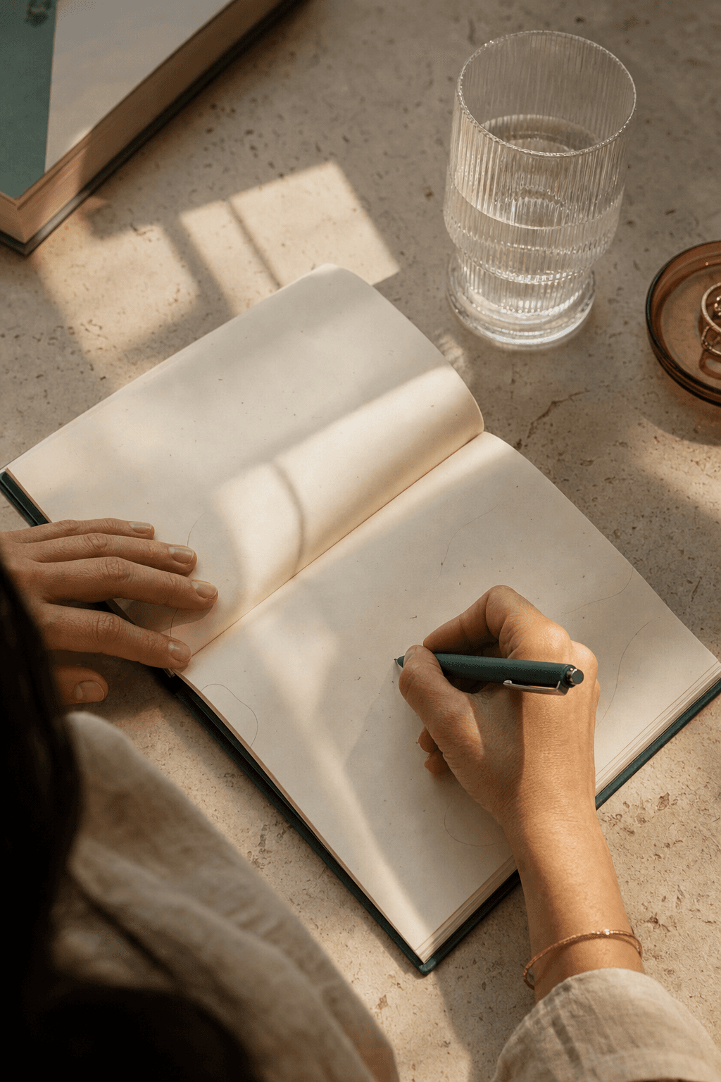 Hands setting a daily intention in a notebook beside a glass of water